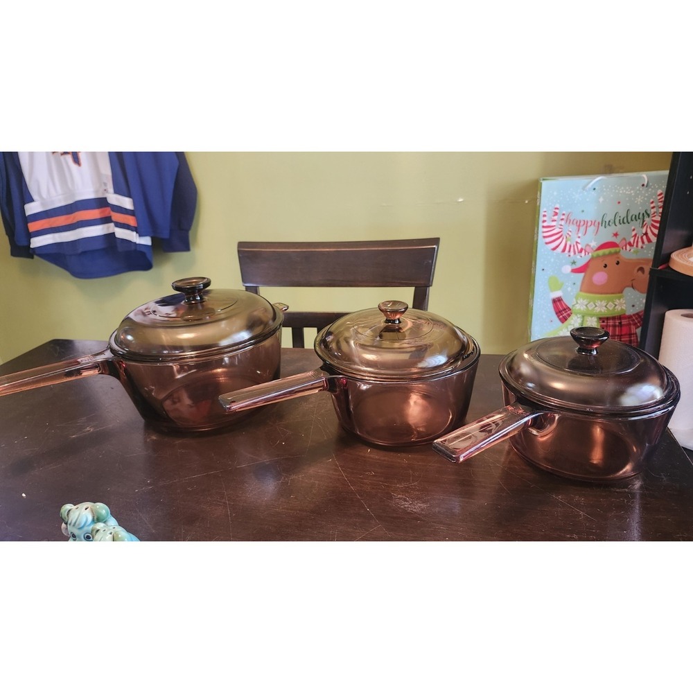 Vintage Corning Ware Vision PyrexAmber Glass 3 Piece Pan Set- Read